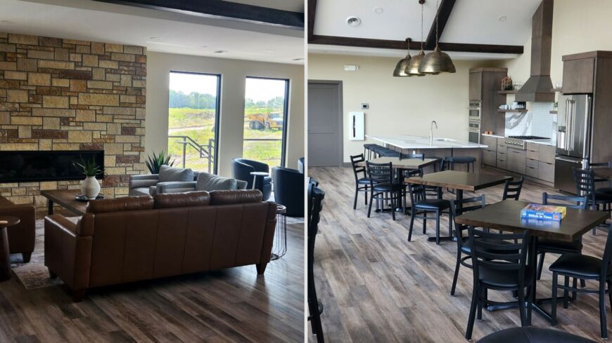 Siesta Hills clubhouse interior lounge and kitchen gathering space in Mankato Minnesota